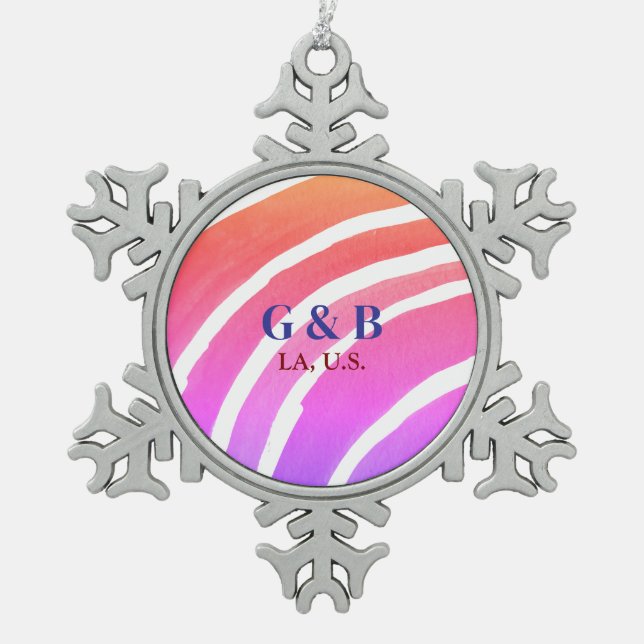Pink yellow rainbow add couple name place city wed snowflake pewter christmas ornament (Front)