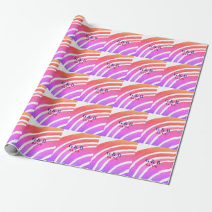 Pink yellow rainbow add couple name place city wed wrapping paper
