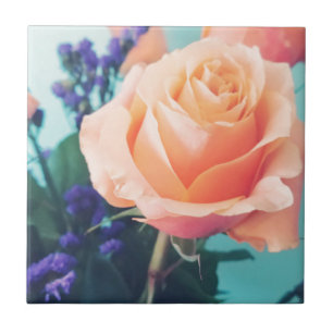 pink yellow rose with mint background ceramic tile