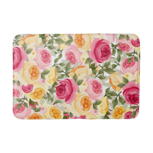 Pink & Yellow Roses Farmhouse Shabby Chic Floral Bath Mat