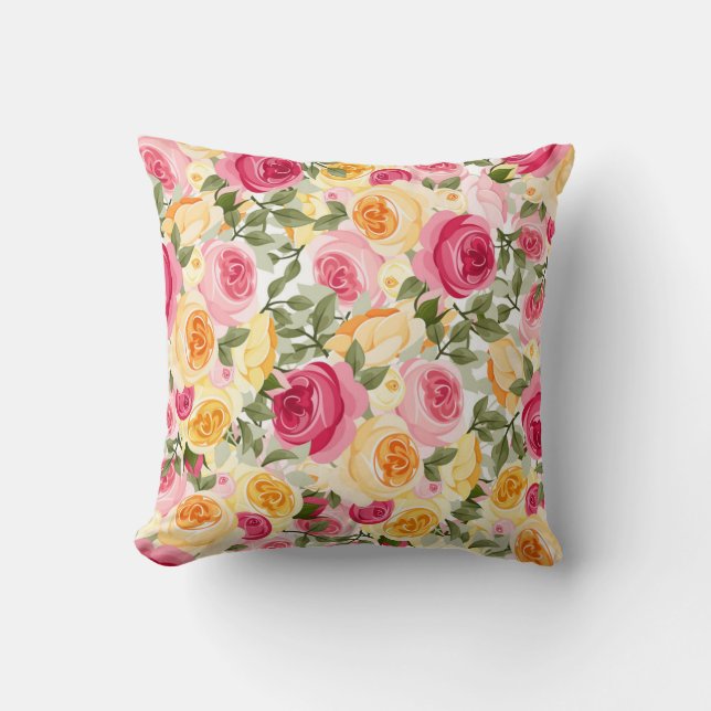 Pink & Yellow Roses Farmhouse Shabby Chic Floral Cushion (Front)