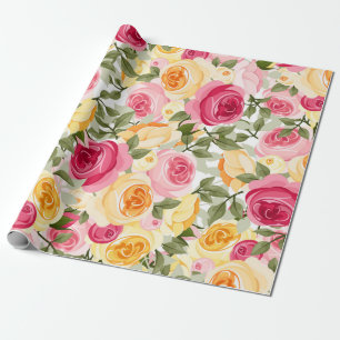 Pink & Yellow Roses Farmhouse Shabby Chic Floral Wrapping Paper