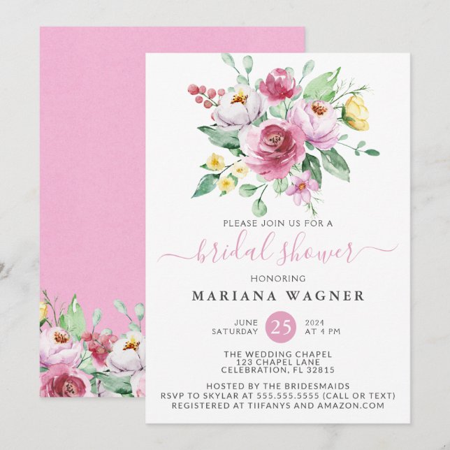 Pink Yellow Roses Floral Bridal Shower Invitation (Front/Back)
