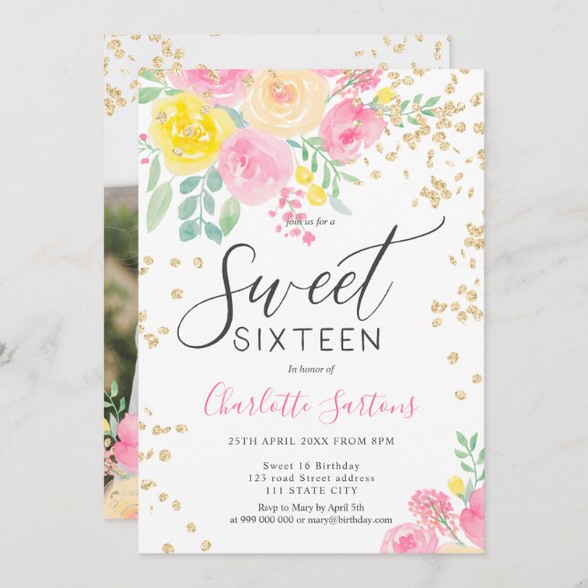 Pink yellow roses floral gold script sweet 16 invitation (Front/Back)