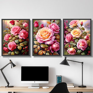 Pink Yellow Roses Landscape Watercolor Art