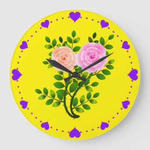 Pink Yellow Roses Large Clock
