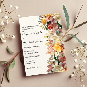 Pink yellow roses lilies orchids floral Wedding Invitation