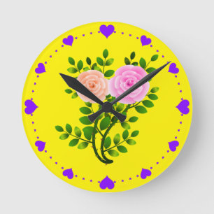 Pink Yellow Roses Round Clock