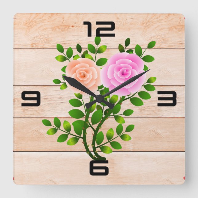 Pink Yellow Roses Square Wall Clock (Front)
