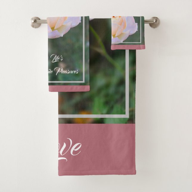 Pink Yellow Roses Typography Rose Gold Bath Towel Set (Insitu)