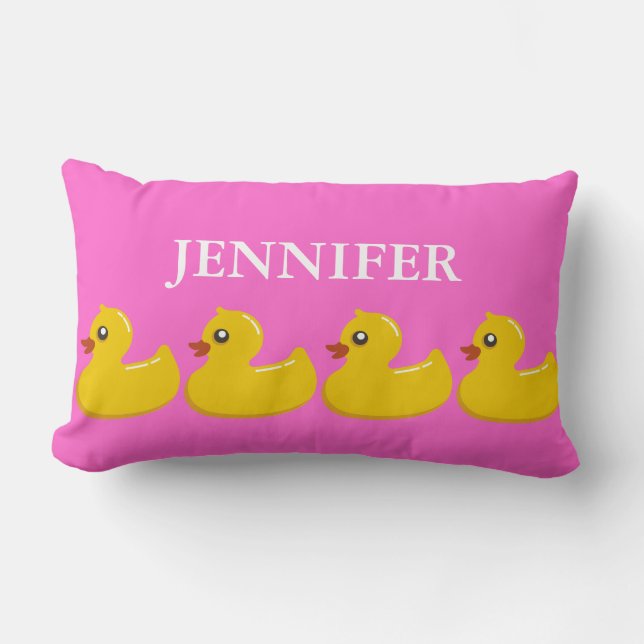 Pink, Yellow Rubber Ducky with Girl's Name Lumbar Cushion (Front)