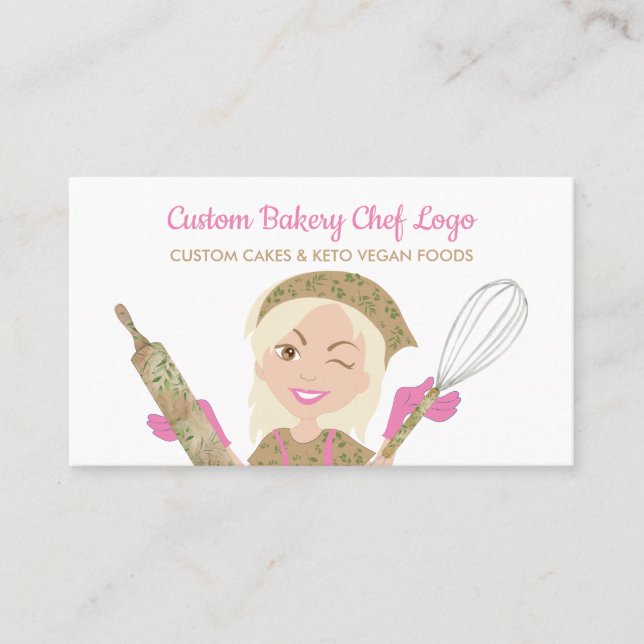 Pink Yellow Smile Bakery Girl Chef Vegan Pastry Business Card (Front)