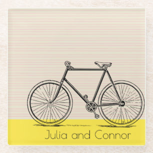 Pink Yellow Stripes Bicycle Personalised Name Glass Coaster