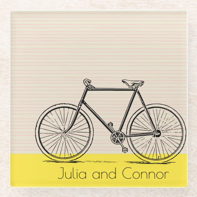 Pink Yellow Stripes Bicycle Personalised Name Glass Coaster (Front)