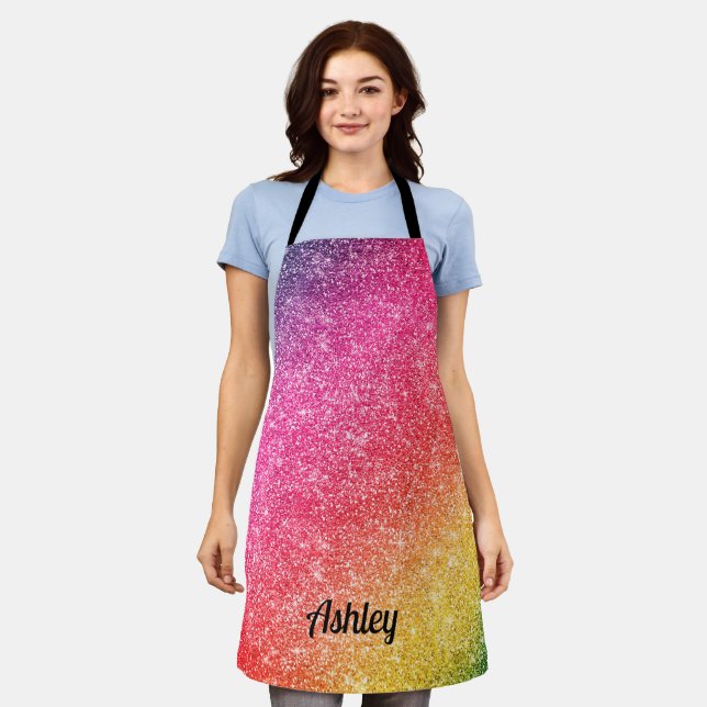 Pink Yellow Stylish Glitter Sparkle Pattern Apron (Worn)