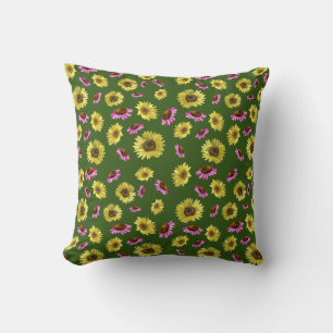 Pink Yellow Sunflower Coneflower Summer Pattern Cushion