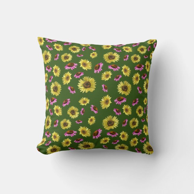 Pink Yellow Sunflower Coneflower Summer Pattern Cushion (Front)