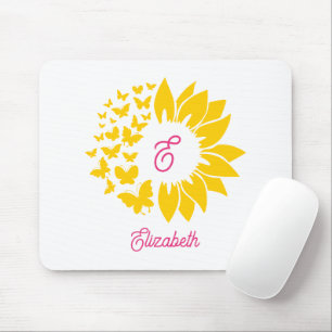 Pink Yellow Sunflower Floral Butterflies Mouse Pad