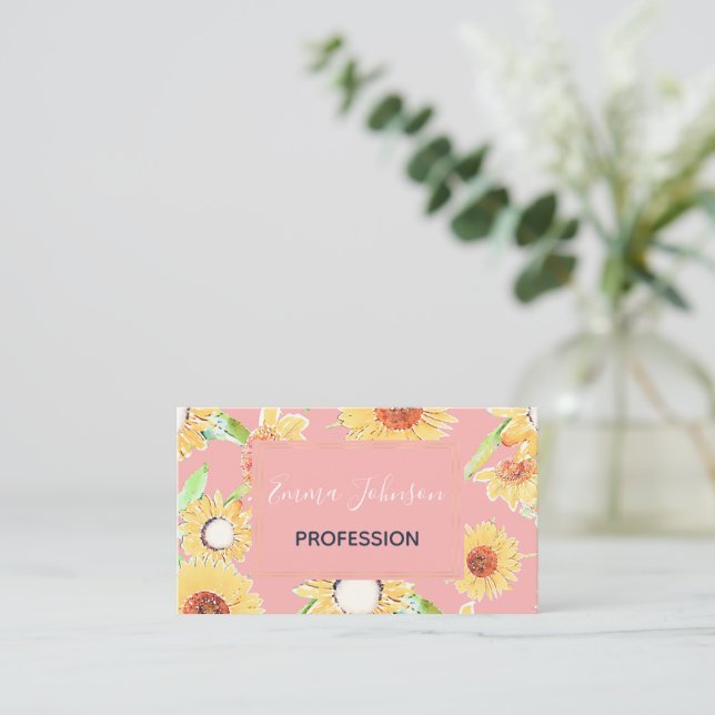 Pink Yellow Sunflowers Watercolor Floral Business Card (Standing Front)