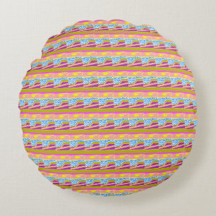 Pink Yellow Sunset Big Boat Blue Waves Abstract Round Cushion