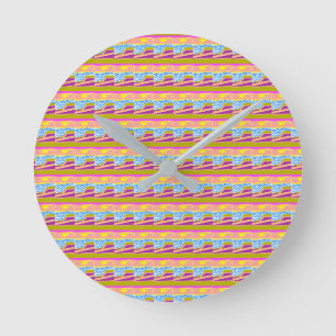 Pink Yellow Sunset Purple Boat Blue Waves Abstract Round Clock