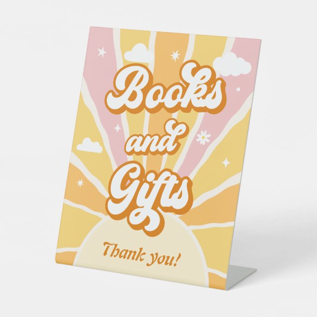 Pink Yellow Sunshine Baby Shower Books & Gifts Pedestal Sign (Front)
