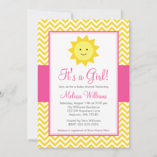 Pink Yellow Sunshine Chevron Girl Baby Shower Invitation