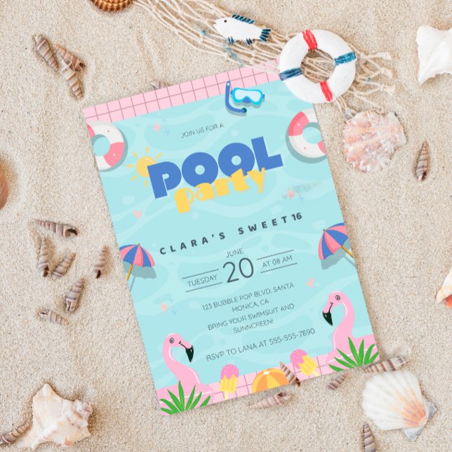 Pink & Yellow Sweet 16 Summer Pool Party  Invitation (Creator Uploaded)