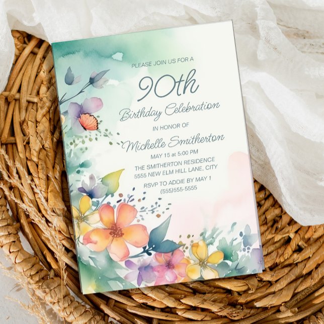 Pink Yellow Teal Pastel Floral 90th Birthday Invitation (Spring watercolor floral on teal and white 90th birthday party invitation)