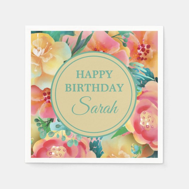 Pink Yellow Teal Watercolor Floral Happy Birthday Napkin (Front)
