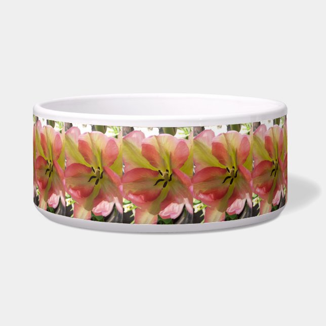 Pink & Yellow Tulip Ceramic Pet Bowl (Front)