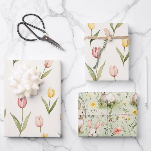 Pink Yellow Tulip Flowers Easter Wrapping Paper Sheet (Front)