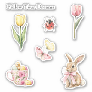 Pink Yellow Tulips Butterflies Bunny Chick Ladybug