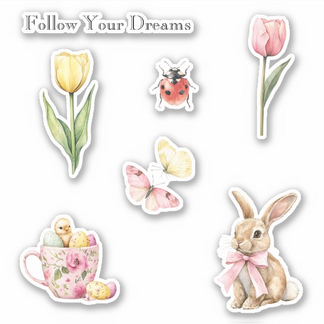 Pink Yellow Tulips Butterflies Bunny Chick Ladybug (Front)