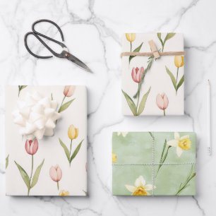 Pink Yellow Tulips Daffodils Flowers Birthday Wrapping Paper Sheet