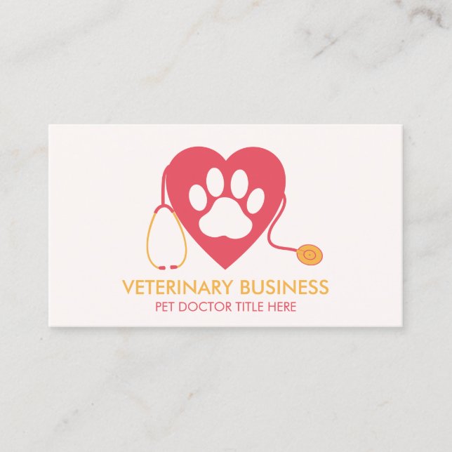 Pink Yellow Veterinary Health Pet Doctor Heart Paw Business Card (Front)