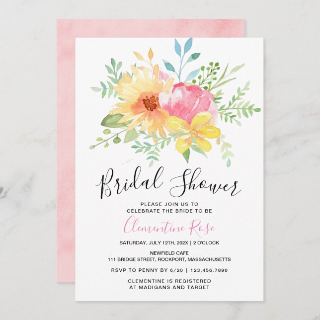 Pink Yellow Watercolor Bridal Shower Invitation (Front/Back)