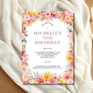 Pink Yellow Watercolor Floral 50th Birthday Her Invitation