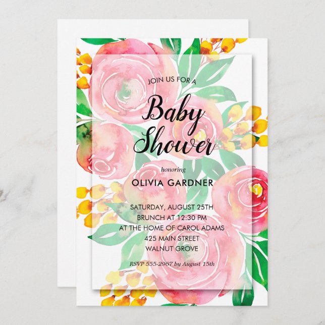 Pink Yellow Watercolor Floral Baby Shower Invites (Front/Back)