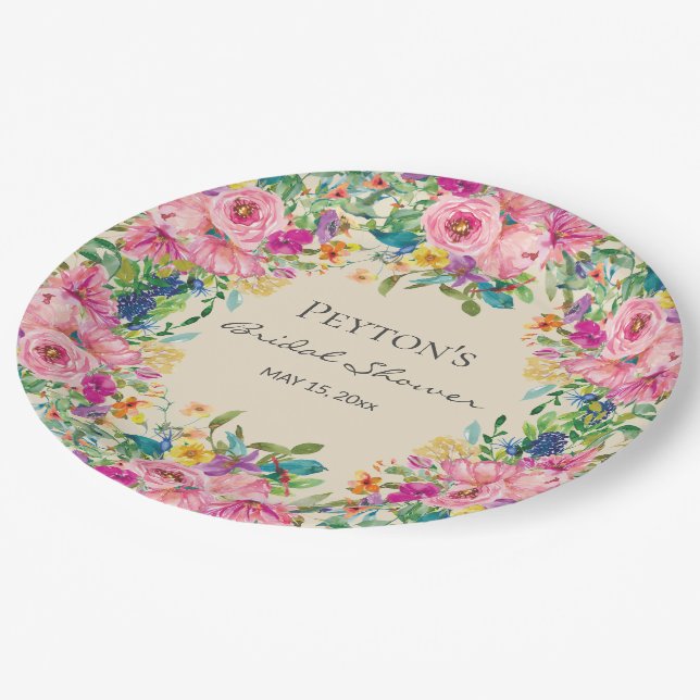Pink Yellow Watercolor Floral Bridal Shower Paper Plate (Angled)
