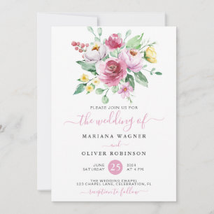 Pink Yellow Watercolor Floral Wedding Invitation