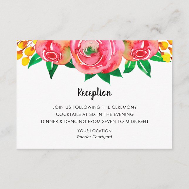 Pink Yellow Watercolor Floral Wedding Reception Enclosure Card (Front)