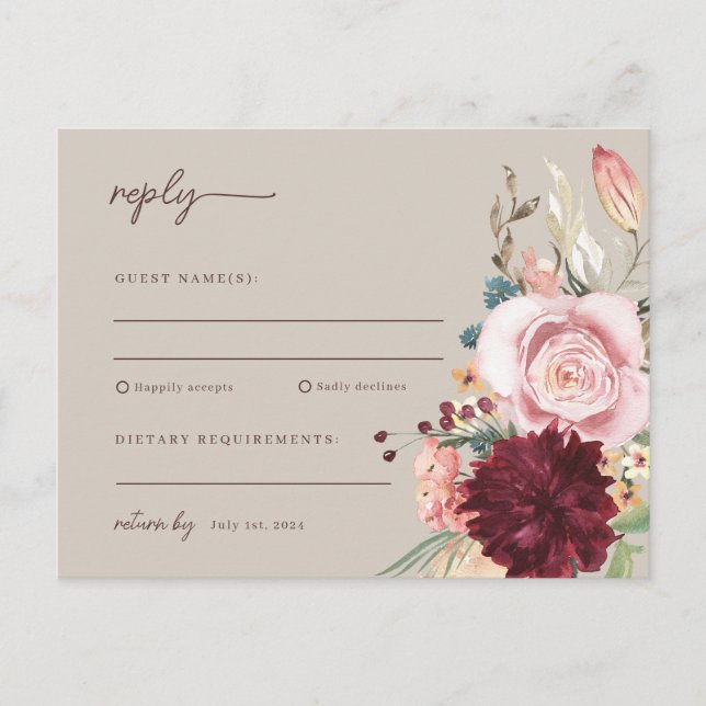 Pink & Yellow Watercolor Floral Wedding RSVP Postcard (Front)