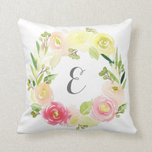 Pink & Yellow Watercolor Floral Wreath   Monogram Cushion