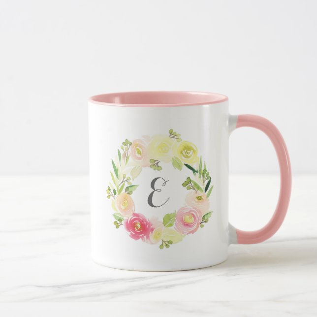 Pink & Yellow Watercolor Floral Wreath | Monogram Mug (Right)