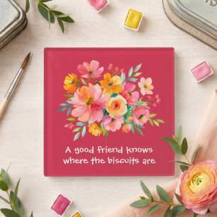 Pink Yellow Watercolor Florals Pink Friends Quote Glass Coaster