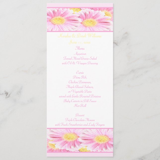 Pink Yellow White Daisies Wedding Menu Card (Front)