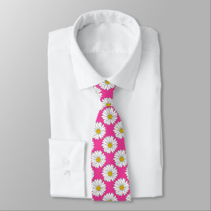 Pink Yellow White Daisy Pattern Tie
