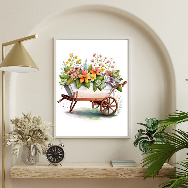 Pink Yellow White Garden Flowers in Wheel Barrel Poster (Wheel Barrel with Flowers Country Rustic Wall Art poster)
