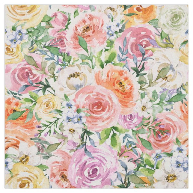 Pink Yellow White Orange Rose Flowers Pattern Fabric (Swatch)